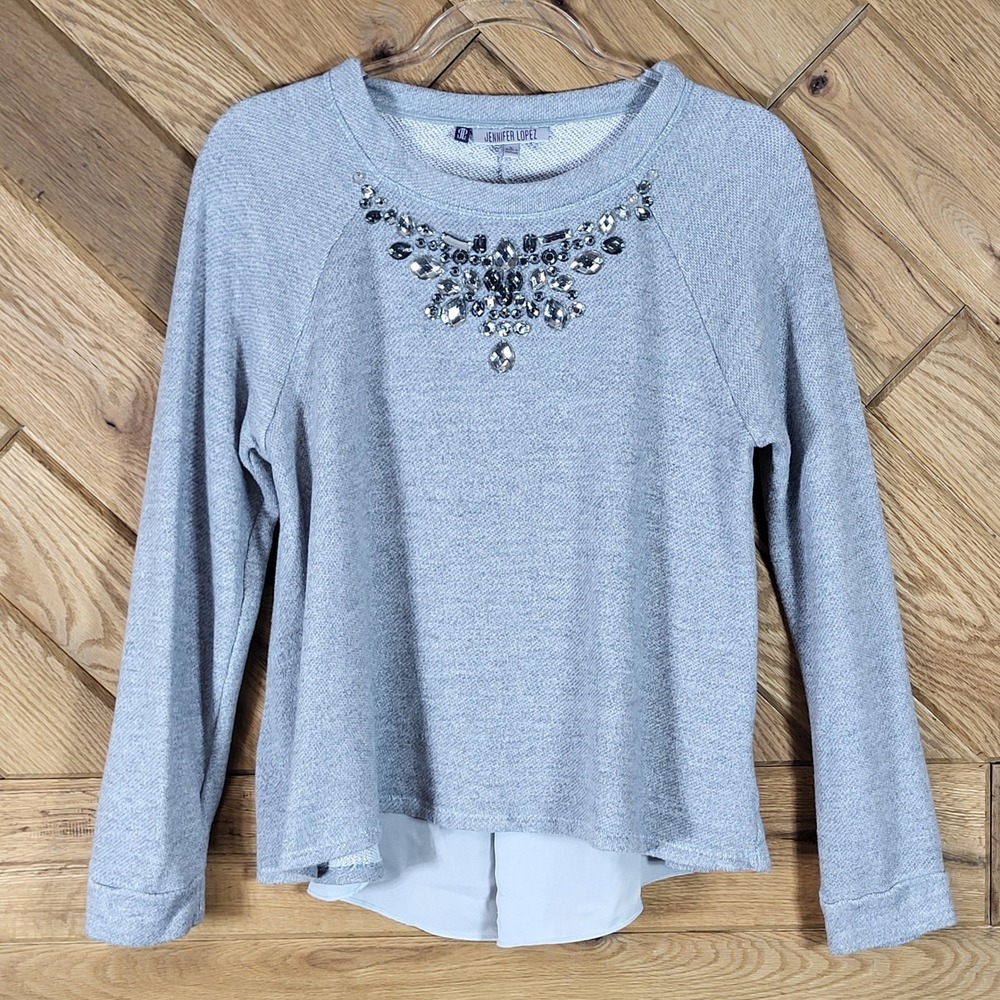 Jennifer Lopez Sweatshirt Women L Embellished Rhinestone Mixed Media Gray